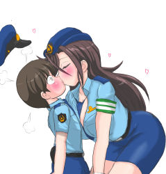 Rule 34 | 1boy, 1girl, age difference, artist request, brown hair, child, flustered, hat, heart, highres, kiss, necktie, aged up, original, police, police uniform, policewoman, size difference, skirt, textless version, uniform, white background