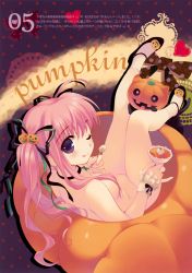 Rule 34 | 1girl, ;q, ahoge, censored, choker, convenient censoring, copyright request, cross, english text, food-themed hair ornament, from above, hair censor, hair ornament, halloween, highres, jack-o&#039;-lantern, long hair, mary janes, nude, one eye closed, pink hair, pumpkin, pumpkin hair ornament, purple eyes, santa matsuri, scan, shoes, sitting, socks, solo, spoon, tongue, tongue out, twintails, white socks, wink, wrist cuffs