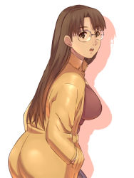 Rule 34 | 1girl, azumanga daiou, bakushiishi at, breasts, brown eyes, brown hair, coat, glasses, hands in pockets, impossible clothes, impossible shirt, jacket, large breasts, long hair, looking at viewer, looking back, mizuhara koyomi, open mouth, rimless eyewear, shadow, shirt, simple background, solo, white background