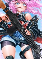 Rule 34 | 1girl, :d, bare shoulders, bike shorts, blush, fang, gun, hair ornament, hairclip, highres, holding, holding gun, holding weapon, looking at viewer, midriff, necktie, open mouth, original, oyu udon, pink hair, shorts, smile, solo, weapon