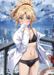 Rule 34 | 1girl, black bra, black panties, blonde hair, blue sky, blush, bra, braid, breasts, collared shirt, commentary, fate/apocrypha, fate (series), french braid, green eyes, highres, long hair, long sleeves, looking at viewer, mordred (fate), mordred (fate/apocrypha), navel, open clothes, open shirt, panties, parted bangs, ponytail, shirt, sidelocks, sky, small breasts, solo, symbol-only commentary, thighs, tonee, underwear