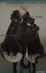 2boys akai_999 animal_ears aqua_armband arknights black_cloak black_coat black_footwear black_gloves black_hair black_pants boots cat_ears cat_tail chinese_commentary cloak closed_mouth coat commentary_request doctor_(arknights) dress english_text expressionless full_body fur-trimmed_cloak fur_trim gloves grey_background grey_eyes hair_between_eyes hand_on_own_chin height_difference highres hood hood_down hooded_coat kemonomimi_mode layered_sleeves leopard_ears leopard_tail long_dress long_sleeves male_doctor_(arknights) male_focus multiple_boys pants reflective_floor short_hair silverash_(arknights) smile tail weibo_watermark white_dress white_hair