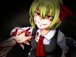 Rule 34 | 1girl, blonde hair, blood, blood on face, blood on hands, blood on clothes, blood on hands, fang, fang out, frilled skirt, frills, out of frame, red eyes, rumia, senmitu3/1000, shirt, short hair, skirt, smile, solo focus, touhou, vest