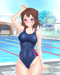 Rule 34 | 1girl, absurdres, bang dream!, bench, blue one-piece swimsuit, blue sky, breasts, brown hair, cloud, competition swimsuit, covered navel, day, fence, groin, highres, lane line, medium breasts, one-piece swimsuit, outdoors, pochama82, pool, poolside, purple eyes, short hair, sky, solo, swimsuit, thigh gap, toyama kasumi, tree