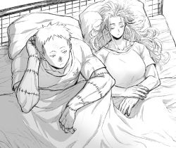 Rule 34 | 1boy, 1girl, :o, bed, blanket, breasts, collarbone, dorohedoro, closed eyes, from above, greyscale, hand on own head, highres, ki (mxxxx), knees up, long hair, looking at another, lying, monochrome, no eyewear, noi (dorohedoro), on back, on bed, pillow, shared blanket, shin (dorohedoro), shirt, short hair, short sleeves, sideways glance, sitting, sleeping, stitched arm, stitched fingers, stitched hand, stitches, t-shirt, under covers