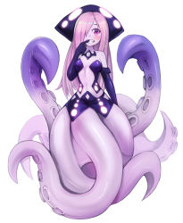 Rule 34 | 1girl, absurdres, bare shoulders, black gloves, blush, breasts, child, commission, dress, duplicate, elbow gloves, finger to mouth, full body, gloves, grin, hair over one eye, highres, jewelry, kraken (monster girl encyclopedia), long hair, looking at viewer, monster girl, monster girl encyclopedia, navel, necklace, one eye covered, pink hair, purple dress, purple eyes, revealing clothes, scylla, simple background, small breasts, smile, solo, sookmo, suction cups, tentacles, white background