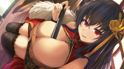 Rule 34 | 1girl, azur lane, bare shoulders, between breasts, black hair, blush, breasts, bridal gauntlets, cleavage, cleavage cutout, clothing cutout, crossed bangs, dress, feather boa, fishnet thighhighs, fishnets, huge breasts, kanzaki kureha, large breasts, licking lips, long hair, looking at viewer, pelvic curtain, red dress, red eyes, sitting, smile, taihou (azur lane), taihou (phoenix&#039;s spring song) (azur lane), thighhighs, thighs, tongue, tongue out