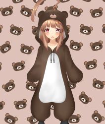 Rule 34 | 1girl, ahoge, animal costume, animal hood, bad id, bad pixiv id, bear background, bear costume, brown eyes, brown hair, commentary request, fang, feet out of frame, highres, hood, huge ahoge, kantai collection, kiyu fuyuki, kuma (kancolle), long hair, name connection, object namesake, open mouth, pink background, rilakkuma, san-x, skin fang, solo, standing