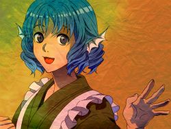 Rule 34 | 1girl, :d, blue hair, fins, gojira (coo), gradient background, grey eyes, head fins, looking at viewer, multicolored background, open mouth, short hair, smile, solo, touhou, wakasagihime