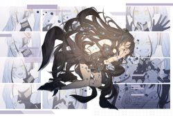 Rule 34 | 1girl, black dress, black footwear, black gloves, black hair, crying, destroyer (girls&#039; frontline), dreamer (girls&#039; frontline), dress, girls&#039; frontline, glitch, gloves, hair ornament, hairclip, highres, long hair, looking at viewer, looking down, lying, nail polish, open mouth, rabb horn, sangvis ferri, silver hair, smile, solo, torn clothes, twintails, yellow eyes