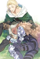 Rule 34 | 2boys, ^ ^, armor, black jacket, black pants, black thighhighs, blonde hair, blush, brown gloves, brown shirt, cape, cloak, closed eyes, closed mouth, collarbone, cowboy shot, dark-skinned male, dark elf, dark skin, elf, fur cloak, gauntlets, gloves, grass, green cape, hand on another&#039;s head, highres, ithilion (unicorn overlord), jacket, lap pillow, lhinalagos (unicorn overlord), long hair, lying, male focus, multiple boys, on side, open mouth, ouosoul, pants, pauldrons, pointy ears, shirt, shoulder armor, sitting, smile, thighhighs, unicorn overlord, white background, white hair, yaoi
