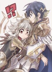 Rule 34 | !?, 1boy, 1girl, alfonse (fire emblem), armor, armored dress, black dress, blonde hair, blue cape, blue eyes, blue hair, blush, breastplate, brown gloves, cape, closed mouth, commentary, dress, fire emblem, fire emblem heroes, gloves, gold trim, gradient hair, grey hair, hair ornament, height difference, hug, long sleeves, multicolored hair, nintendo, official alternate costume, profile, red eyes, shippo3101, short hair, shoulder armor, simple background, sweatdrop, two-tone cape, veronica (fire emblem), veronica (princess rising) (fire emblem), white background, white cape
