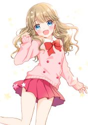 Rule 34 | 1girl, :d, arm up, blonde hair, blouse, blue eyes, blush, bow, collared shirt, light brown hair, long hair, looking at viewer, mewkledreamy, open mouth, pink skirt, pink sweater, shirt, simple background, skirt, smile, sparkle, star (symbol), starry background, sweater, tiramisu651, tsukishima maira, white background, white shirt