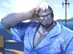 Rule 34 | 1boy, bara, beard, colored skin, facial hair, ffrmabyss, final fantasy, final fantasy xiv, glasses, gradient hair, grey skin, large pectorals, looking at viewer, male focus, mature male, multicolored hair, muscular, muscular male, one eye closed, pectorals, roegadyn, short hair, solo, thick eyebrows, upper body, warrior of light (ff14)