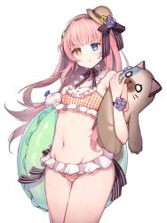 Rule 34 | 1girl, absurdres, blush, breasts, character request, commentary request, girl cafe gun, hat, headband, heterochromia, highres, innertube, long hair, mulleonghan mun-eo, navel, pink hair, pout, simple background, small breasts, solo, stuffed animal, stuffed toy, swim ring, swimsuit, transparent background, white background