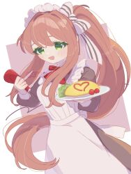 Rule 34 | 1girl, anzen robo (474zz), apron, bow, brown hair, cherry tomato, cowboy shot, doki doki literature club, food, green eyes, heart, highres, holding, holding food, holding plate, ketchup, long hair, looking at viewer, maid, maid apron, maid headdress, monika (doki doki literature club), omelet, omurice, open mouth, plate, ponytail, red bow, ribbon, tomato, twitter username, very long hair, white background, white ribbon