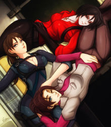 Rule 34 | 3girls, ada wong, black hair, breasts, brown hair, capcom, claire redfield, cleavage, esther shen, jewelry, jill valentine, lying, multiple girls, necklace, resident evil, resident evil: degeneration, resident evil: revelations, resident evil 6, smile