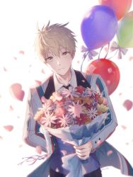 Rule 34 | 1boy, ahoge, arthur pendragon (fate), balloon, black necktie, blonde hair, bouquet, collared shirt, commentary, fate/grand order, fate/prototype, fate (series), flower, formal, green eyes, grin, holding, holding bouquet, jacket, long sleeves, looking at viewer, male focus, necktie, open clothes, open jacket, petals, shirt, shuryukan, smile, solo, standing, striped clothes, striped jacket, suit, suit jacket, vertical-striped clothes, vertical-striped jacket, white background