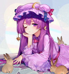 Rule 34 | 1girl, ainy, animal, closed mouth, commentary request, crescent, dress, hat, long hair, long sleeves, looking at viewer, lying, nail polish, on stomach, one eye closed, patchouli knowledge, purple dress, purple eyes, purple hair, purple headwear, purple nails, rabbit, revision, star (symbol), striped, touhou, vertical stripes
