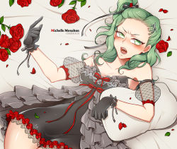 Rule 34 | 1girl, bad id, bad pixiv id, bare shoulders, blush, bra, cyphers, dress, flower, frills, gloves, green eyes, green hair, hair ornament, hair ribbon, half updo, long hair, matching hair/eyes, michelle (cyphers), open mouth, pillow, ponytail, red flower, red rose, ribbon, rose, side ponytail, solo, underwear, yuri (anachronic)