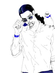 Rule 34 | 1boy, adjusting eyewear, bird, blue theme, collared shirt, facial hair, glasses, goatee, hattori (one piece), image sample, looking at viewer, male focus, monochrome, one piece, pigeon, pixiv sample, rob lucci, shirt, shoulder perch, solo, spot color, sunglasses, toba (chuckle-head)