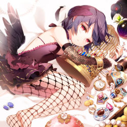 Rule 34 | 1girl, bird, black wings, bracelet, cage, coin, crow, cup, diamond (gemstone), dress, earrings, elbow gloves, elbow pads, feathered wings, feathers, fishnet pantyhose, fishnets, gem, gilse, gloves, gold, jewelry, light particles, looking at viewer, lying, necklace, pantyhose, pearl (gemstone), pearl necklace, pocket watch, crow, red eyes, rion flina, short hair, solo, sword girls, telescope, treasure, watch, wings
