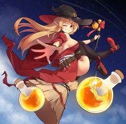 Rule 34 | 1girl, above clouds, absurdres, bare shoulders, black hat, black pantyhose, black thighhighs, blonde hair, breasts, broom, broom riding, cloud, commentary request, dress, dungeon and fighter, flask, from behind, full body, glint, grin, hat, highres, large breasts, lavie, looking at viewer, night, night sky, no panties, one eye closed, orange eyes, outdoors, pantyhose, pointy ears, potion, reaching, reaching towards viewer, red dress, red eyes, red footwear, red hat, red ribbon, ribbon, round-bottom flask, shoes, sky, smile, solo, teeth, thighhighs, two-tone headwear, witch hat
