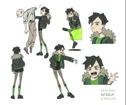 Rule 34 | 1boy, 1girl, annoyed, artist name, buttercup (ppg), character name, character sheet, frown, fur trim, green eyes, hand in pocket, highres, jacket, looking at viewer, multiple views, aged up, onasugar, open hand, open mouth, overall shorts, overalls, pantyhose, powerpuff girls, short hair, sitting, standing, torn clothes, torn legwear, x x