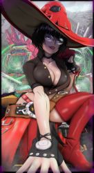 Rule 34 | 1girl, absurdres, arc system works, black hair, boots, breasts, cleavage, fingerless gloves, glasses, gloves, guilty gear, guilty gear strive, hat, highres, i-no, large breasts, purple eyes, self-upload, thigh boots, thighhighs, witch hat