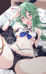 Rule 34 | 1girl, bare shoulders, bed, bikini, black bikini, black ribbon, blush, breasts, calin, condom, condom in mouth, frilled bikini, frills, green eyes, green hair, hair between eyes, hair ornament, hairclip, highres, kantai collection, long hair, looking at viewer, medium breasts, mouth hold, navel, on bed, ribbon, salute, solo, spread legs, stomach, swimsuit, thighs, yamakaze (kancolle), yamakaze (swimsuit mode) (kancolle)