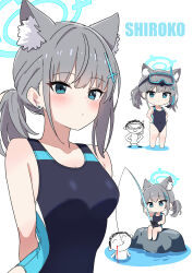 Rule 34 | 1boy, 1girl, absurdres, animal ears, blue archive, blue eyes, blue halo, breasts, goggles, grey hair, halo, highres, looking at viewer, medium breasts, one-piece swimsuit, shibashibakasago, shiroko (blue archive), shiroko (swimsuit) (blue archive), simple background, swimsuit, white background, wolf ears