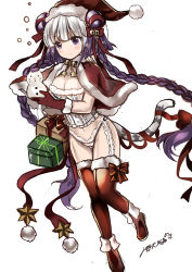 Rule 34 | 1girl, bell, boots, braid, capelet, cleavage cutout, clothing cutout, corset, double bun, garter straps, gift, hair bun, haku (p&amp;d), hat, highres, jingle bell, long hair, lunacats, multicolored hair, panties, purple eyes, purple hair, puzzle &amp; dragons, red thighhighs, santa hat, smile, solo, tail, thighhighs, tiger tail, twin braids, underwear, white hair, white panties