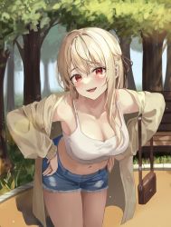 Rule 34 | 1girl, :d, absurdres, armpits, bag, bare shoulders, bench, bent over, blonde hair, blouse, blue shorts, breasts, camisole, cleavage, collarbone, cowboy shot, crop top, cutoffs, day, denim, denim shorts, fakey, hair ribbon, handbag, hands on own hips, highres, jacket, large breasts, long hair, long sleeves, looking at viewer, midriff, navel, off shoulder, open clothes, open jacket, open mouth, original, outdoors, park bench, red eyes, revision, ribbon, shirt, short shorts, shorts, sleeveless, sleeveless shirt, smile, solo, spaghetti strap, standing, stomach, strap gap, thighs, torn clothes, torn shorts, white shirt, yellow jacket