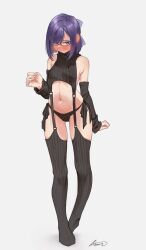Rule 34 | 1girl, a-chan (hololive), absurdres, aiharararara, alternate costume, bare shoulders, black panties, black sweater, black thighhighs, blue bow, blue eyes, blue hair, blush, bow, breasts, closed mouth, detached sleeves, embarrassed, full body, garter straps, glasses, hair bow, highres, hololive, looking at viewer, meme attire, navel, no shoes, panties, purple hair, ribbed legwear, ribbed sleeves, ribbed sweater, ribbed thighhighs, short hair, side-tie panties, signature, simple background, sleeveless, sleeveless sweater, sleeveless turtleneck, small breasts, solo, standing, stomach, sweater, thighhighs, turtleneck, turtleneck sweater, underwear, virgin destroyer sweater, virtual youtuber, white background