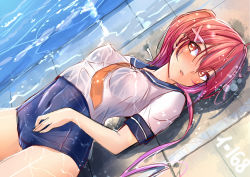 Rule 34 | 10s, 1girl, akasaai, blush, breasts, covered erect nipples, hair ribbon, i-168 (kancolle), kantai collection, long hair, looking at viewer, lying, medium breasts, one-piece swimsuit, personification, ponytail, red eyes, red hair, ribbon, school swimsuit, school uniform, serafuku, solo, swimsuit, swimsuit under clothes, water, wet
