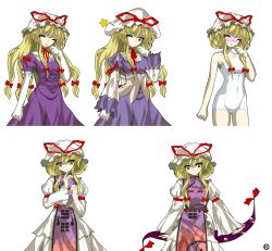 Rule 34 | 1girl, alphes (style), alternate costume, choker, closed eyes, corset, dress, elbow gloves, female focus, gap (touhou), gloves, hand to own mouth, hat, hat ribbon, highres, kaoru (gensou yuugen-an), long hair, looking at viewer, name tag, neck ribbon, one-piece swimsuit, one eye closed, open mouth, parody, puffy sleeves, purple dress, ribbon, school swimsuit, short sleeves, smile, star (symbol), style parody, swimsuit, tabard, touhou, white gloves, wink, yakumo yukari, yellow eyes