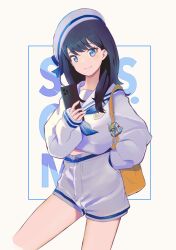 Rule 34 | 1girl, alternate costume, text background, bag, black hair, blue eyes, blue neckerchief, cellphone, closed mouth, commentary, cowboy shot, gridman universe, hand in pocket, hand up, hat, high-waist shorts, highres, holding, holding phone, lensu (lotus36936936), long hair, long sleeves, looking at viewer, neckerchief, phone, sailor, sailor collar, sailor hat, shirt, short shorts, shorts, simple background, sleeves past wrists, smartphone, smile, solo, ssss.gridman, standing, takarada rikka, white background, white sailor collar, white shirt, white shorts, yellow bag
