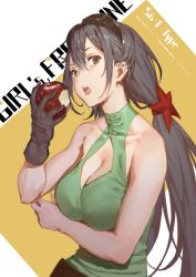 Rule 34 | 1girl, apple, artist name, bare shoulders, black eyes, black hair, breasts, cancer (zjcconan), cleavage, cleavage cutout, clothing cutout, food, fruit, girls&#039; frontline, gloves, goggles, goggles on head, halterneck, large breasts, long hair, looking at viewer, low twintails, open mouth, solo, twintails, type 56-1 (girls&#039; frontline), upper body