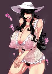 Rule 34 | 1girl, black hair, breasts, chickenandtiger, cleavage, female pubic hair, hair over eyes, hasshaku-sama, highres, huge breasts, large breasts, long hair, pubic hair, solo, tagme