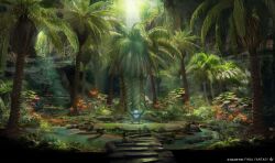 Rule 34 | artist request, company name, copyright name, copyright notice, day, final fantasy, final fantasy xiv, highres, ladder, landscape, light rays, monster, no humans, official art, outdoors, palm tree, plant, rock, scenery, sunbeam, sunlight, tree, water