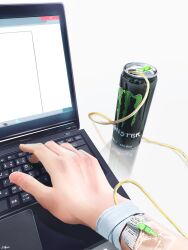 Rule 34 | can, commentary request, computer, drink can, fingernails, highres, intravenous drip, laptop, monster energy, original, out of frame, signature, simple background, soda, soda can, typing, utsusemi rari, white background