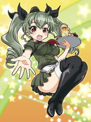 Rule 34 | 10s, 1girl, anchovy (girls und panzer), apron, bad id, bad pixiv id, black footwear, black ribbon, boots, breasts, dress, drill hair, full body, garrison cap, girls und panzer, glass, green dress, green hair, hair ribbon, hamoto, hat, highres, impossible clothes, impossible dress, long hair, looking at viewer, medium breasts, military, military uniform, mini hat, necktie, open mouth, pleated dress, puffy short sleeves, puffy sleeves, reaching, reaching towards viewer, red eyes, red necktie, ribbon, short sleeves, smile, solo, star (symbol), starry background, thigh boots, thighhighs, tray, twin drills, twintails, uniform, waist apron, waitress, yellow background
