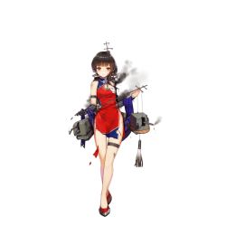 Rule 34 | 1girl, brown hair, cannon, china dress, chinese clothes, damaged, detached sleeves, dress, elbow gloves, full body, gloves, hair ornament, liu lan, looking at viewer, machinery, mole, mole under eye, official art, red dress, red eyes, sa (h28085), sarashi, shawl, short hair, side slit, single glove, single sleeve, smoke, solo, thigh strap, torn clothes, torn dress, transparent background, turret, warship girls r, yat sen (warship girls r)