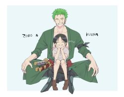 Rule 34 | 1boy, 1girl, age difference, alternate universe, artist name, black hair, character name, child, closed mouth, commentary request, earrings, full body, green hair, jewelry, katana, kuina, one piece, qri go, roronoa zoro, scar, scar across eye, scar on face, shirt, short hair, short sleeves, single earring, smile, sword, teeth, time paradox, twitter username, weapon