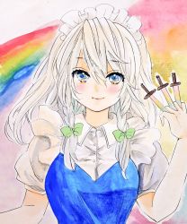 Rule 34 | 1girl, between fingers, blue dress, blue eyes, blush, bow, braid, breasts, closed mouth, commentary request, dress, frills, green bow, hair between eyes, hair ribbon, hand up, holding, holding knife, izayoi sakuya, knife, large breasts, long hair, looking at viewer, maid headdress, marker (medium), matsuppoi, puffy short sleeves, puffy sleeves, rainbow, ribbon, short sleeves, side braids, silver hair, smile, solo, throwing knife, touhou, traditional media, tress ribbon, twin braids, unconnected marketeers, upper body, weapon