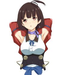Rule 34 | 1girl, :o, absurdres, armpit cutout, armpits, arms behind head, arms up, blue ribbon, blunt bangs, breasts, brown hair, choker, clothing cutout, collarbone, corset, highres, koutetsujou no kabaneri, medium breasts, mumei (kabaneri), nemo 1988, open mouth, red eyes, ribbon, ribbon choker, short hair, simple background, solo, underbust, white background