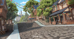 Rule 34 | 3d, absurdres, axe, blender (medium), blue sky, building, castle, cityscape, cloud, cobblestone, commentary, crate, english commentary, foxeleos, highres, house, log, no humans, original, outdoors, pavement, photoshop (medium), road, scenery, shield, sky, stairs, street, string of flags, tree, watermark, wheel