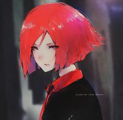 Rule 34 | 1girl, absurdres, aoi ogata, artist name, black jacket, blurry, blurry background, bob cut, eyelashes, eyes visible through hair, from side, highres, jacket, looking at viewer, open mouth, original, parted bangs, parted lips, red eyes, red hair, short hair, solo, upper body