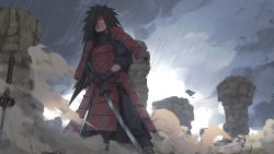 Rule 34 | 1boy, absurdres, armor, artpaji, black gloves, black hair, cliff, debris, dou, gloves, glowing, glowing eyes, highres, holding, holding sword, holding weapon, japanese armor, long hair, looking at viewer, looking down, male focus, naruto (series), naruto shippuuden, outdoors, rain, red armor, smoke, solo, spiked hair, standing, sword, twitter username, uchiha madara, weapon