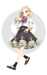 Rule 34 | 1girl, black legwear, blonde hair, bow, bowtie, brown footwear, dress, grey background, hand on own hip, hand on own chest, highres, jacket, koumyouin reira, long hair, looking at viewer, multicolored background, official art, okutomi fumi, pale skin, pure project, purple bow, purple eyes, sandals, shoes, virtual youtuber, white background, white jacket
